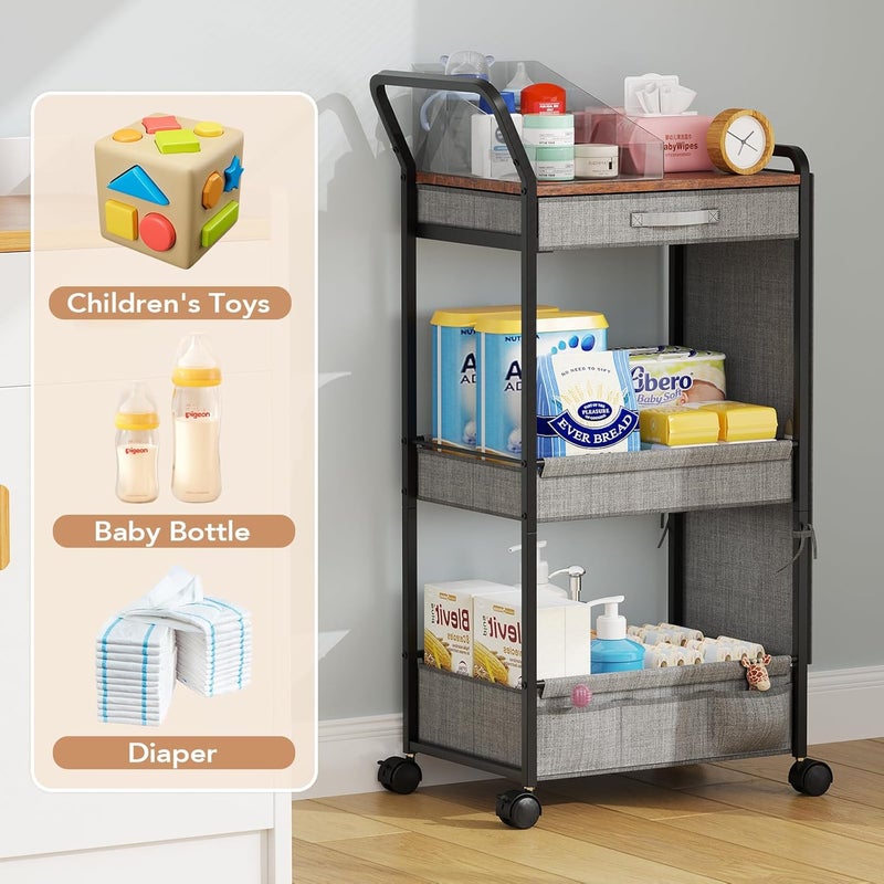 BBLIKE 3-Tier Diaper Caddy Organizer - Rolling Utility Baby Cart with Drawer and Side Pockets for Nursery and Baby Essentials, Multi-Function Cart for Bedroom and Bathroom, Gray - Image 5